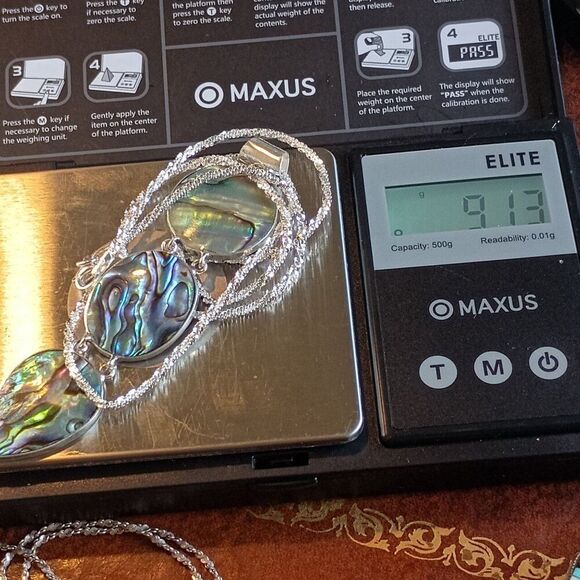 Abalone Shell Pendant Drop Necklace Triple Teardrop Circle Design Chain Sterling - Picture 8 of 8